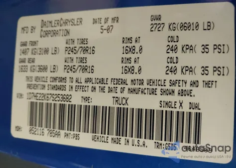 2007 Dodge Dakota St z USA, uszkodzony, nr VIN 1D7HE22K67S253682
